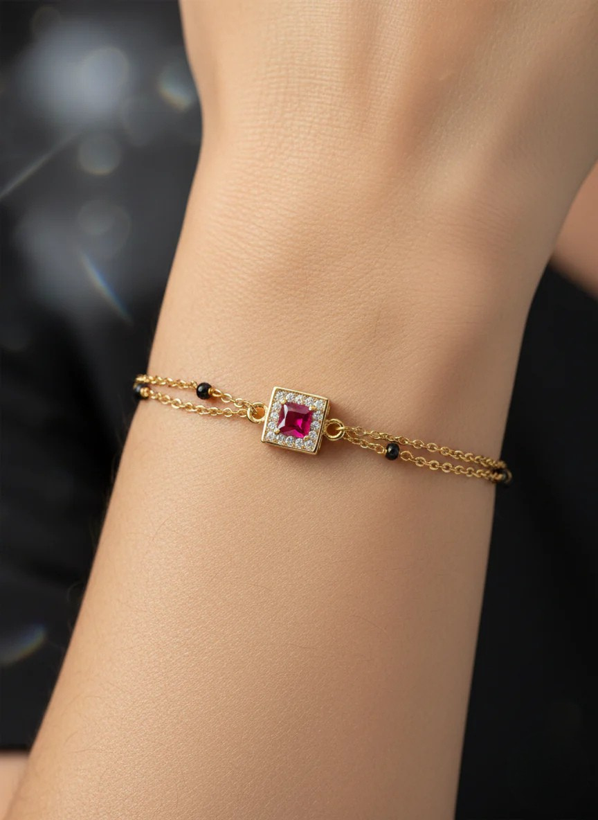 Gold-Plated Square Ruby Crystal Chain mangalsutra Bracelet with Black Beads for Women