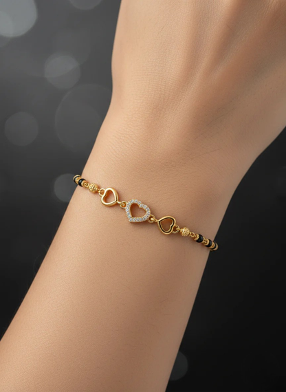 Gold-Plated Heart Design mangalssutra Bracelet with Black Beads | Elegant Women’s Chain Bracelet
