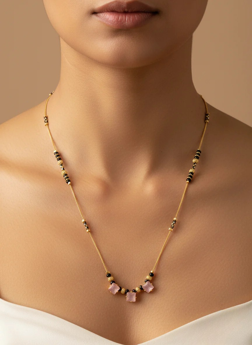 Elegant Pink Stone Mangalsutra Necklace with Black Beads – Gold Finish