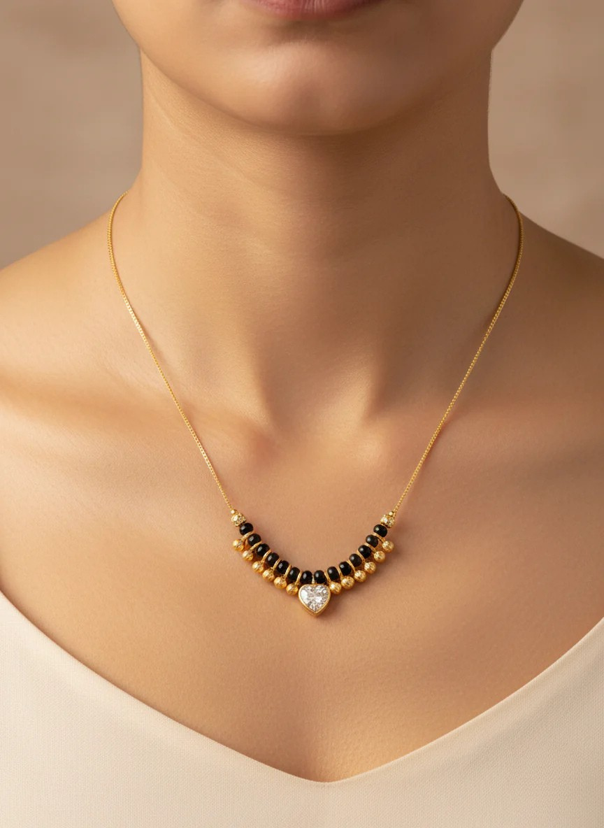 Gold-Plated Heart Pendant Mangalsutra Necklace with Black Beads