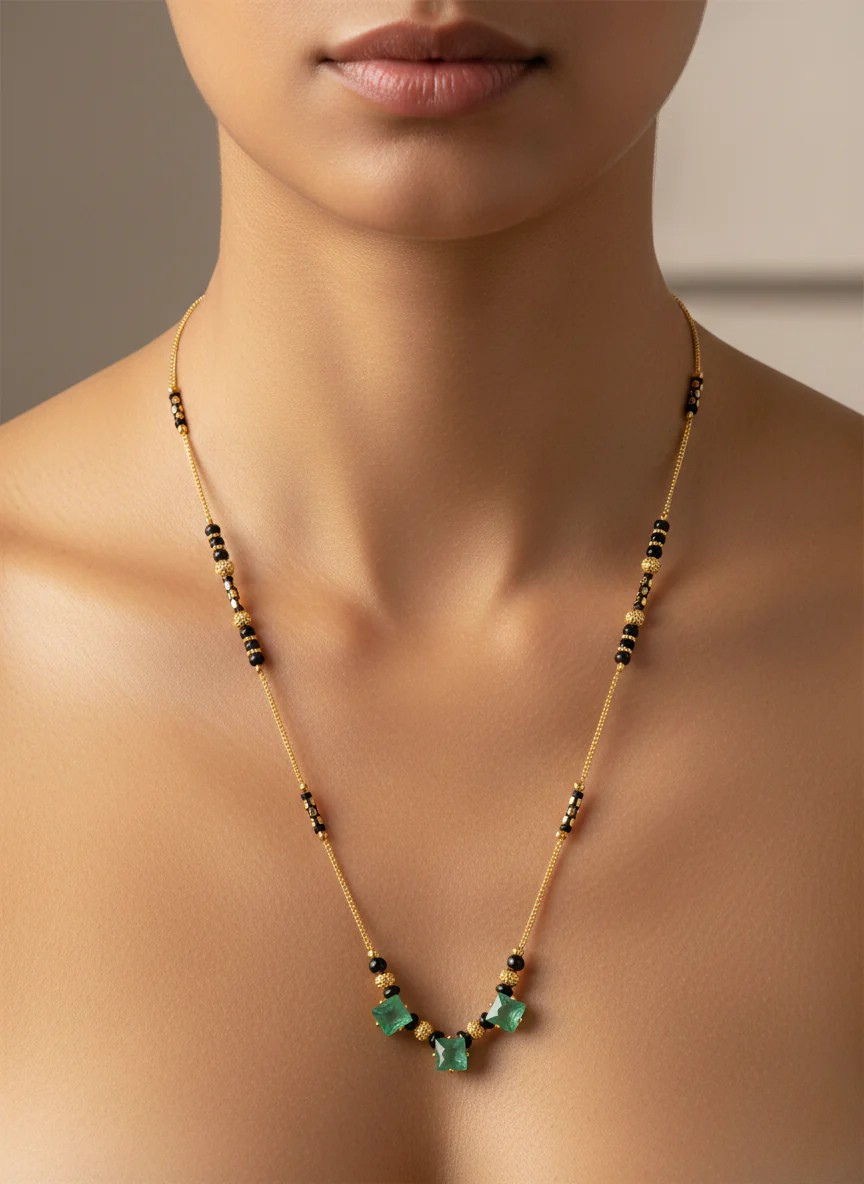 Gold-Plated Green Stone Mangalsutra Necklace with Black Beads