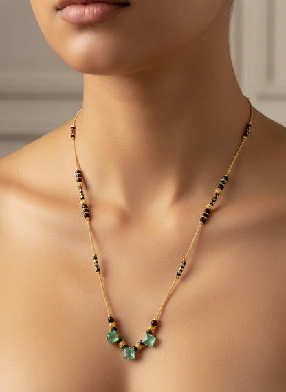 Gold-Plated Green Stone Mangalsutra Necklace with Black Beads