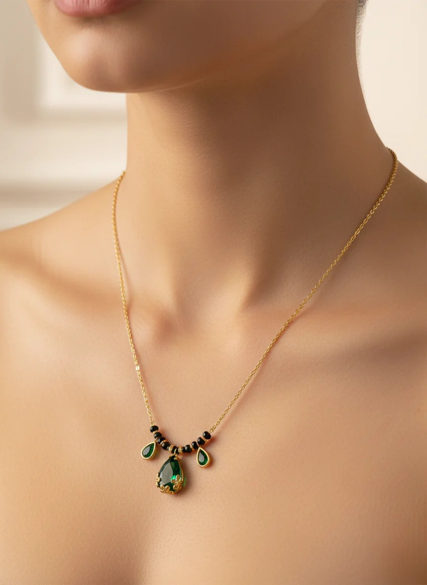 Emerald Green Drop Mangalsutra Necklace – 18K Gold Plated Minimal Diamond Style