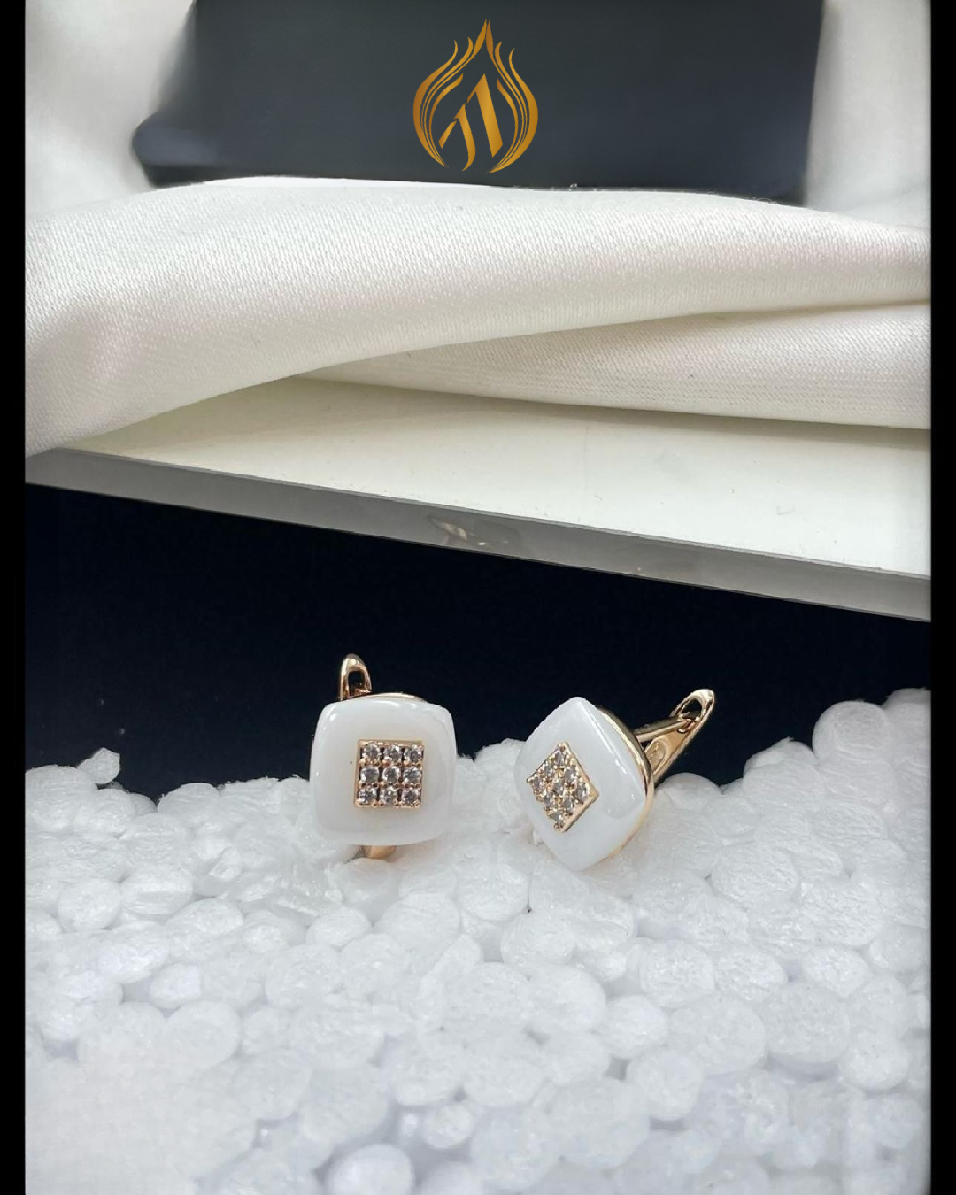White Ceramic Square Kadi Rose Gold-Plated Earrings | Artisanal Handmade Jewellery - Artisanal Jewellery