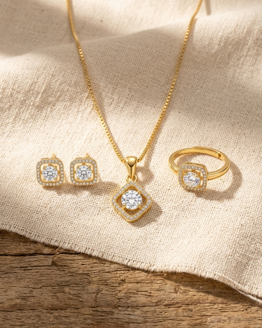 Luxury Diamond-Style Jewellery Set – Gold Pendant Necklace, Stud Earrings & Ring | Elegant Bridal & Party Set
