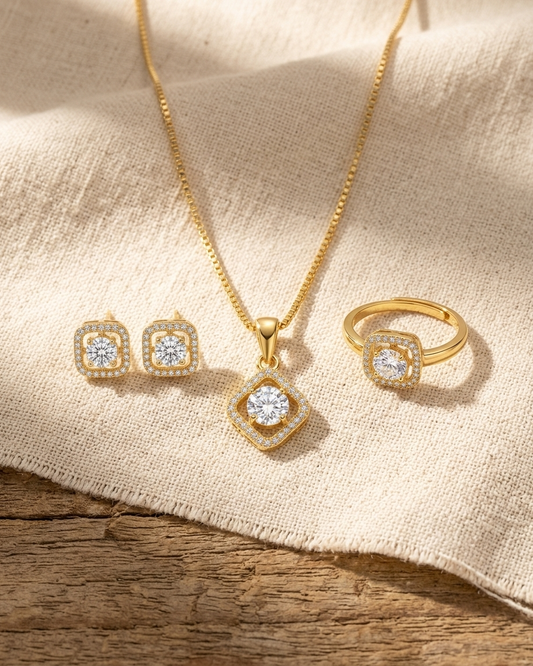 Luxury Diamond-Style Jewellery Set – Gold Pendant Necklace, Stud Earrings & Ring | Elegant Bridal & Party Set