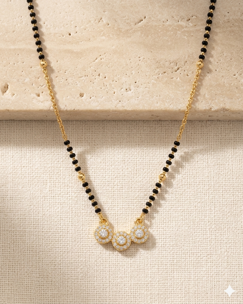 Elegant Triple Diamond Mangalsutra Necklace – Minimal Gold & Black Bead Chain | Daily Wear Modern Mangalsutra