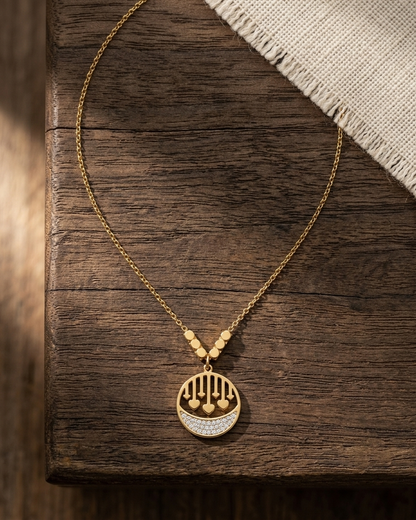 Golden Charm Circle Necklace – Heart Drop Pendant with Crystal Detail | Elegant Minimal Jewellery