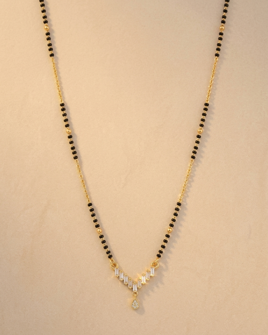 Elegant V-Shape Diamond Drop Mangalsutra Necklace – Gold & Black Bead Chain with Minimal Teardrop Pendant