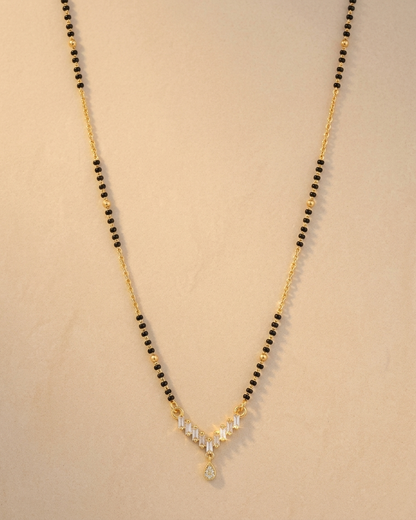 Elegant V-Shape Diamond Drop Mangalsutra Necklace – Gold & Black Bead Chain with Minimal Teardrop Pendant