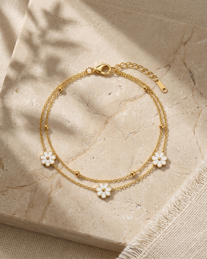 Gold Floral Dual Chain Anklet – Cute Daisy Charm Anklet for Women | Adjustable Minimal Foot Jewellery