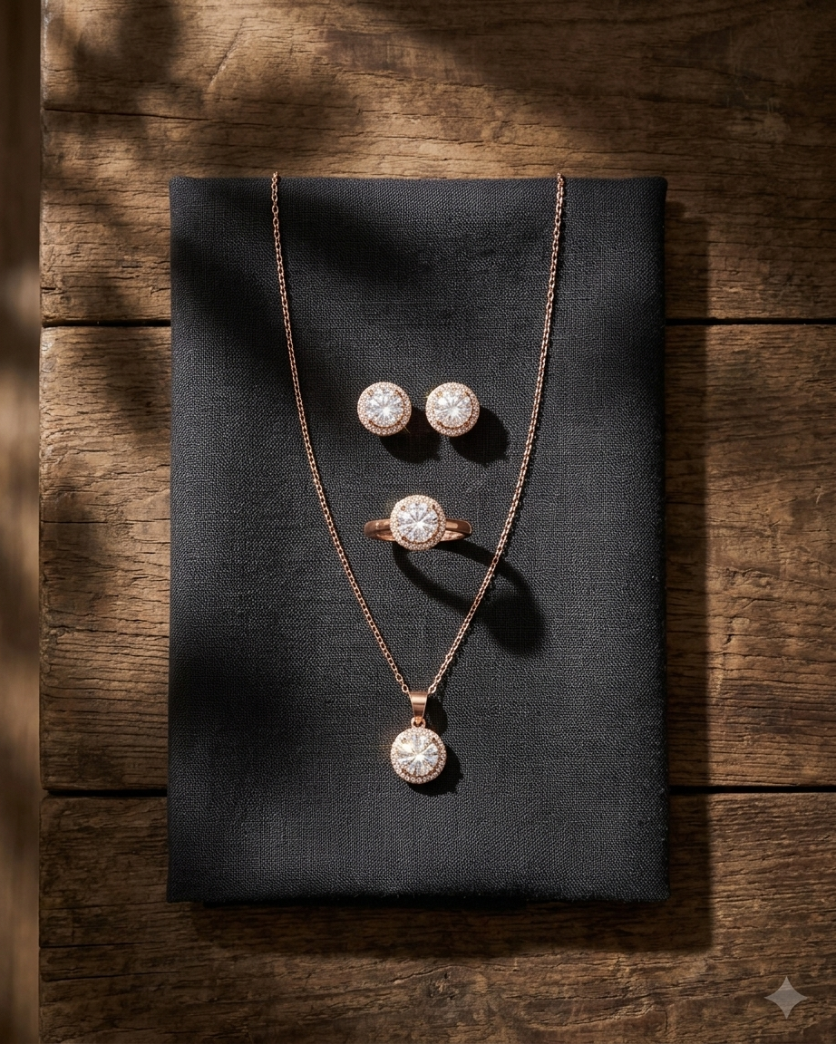 Elegant Rose Gold Halo Diamond Jewelry Set – Necklace, Ring & Stud Earrings