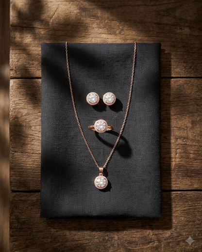 Elegant Rose Gold Halo Diamond Jewelry Set – Necklace, Ring & Stud Earrings