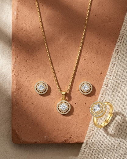 Gold Round Halo Jewellery Set – Diamond Style Pendant Necklace, Stud Earrings & Ring | Elegant Luxury Set