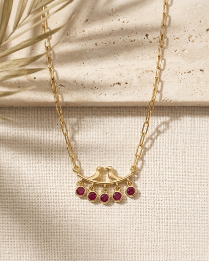 Elegant Bird Motif Ruby Drop Necklace – Gold Chain with Hanging Red Stone Charms | Minimal Statement Jewellery