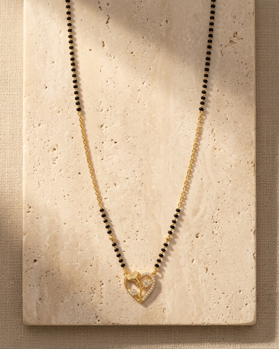 Elegant Heart Mangalsutra Necklace – Gold & Black Bead Chain with Diamond Heart Pendant | Modern Minimal Jewellery