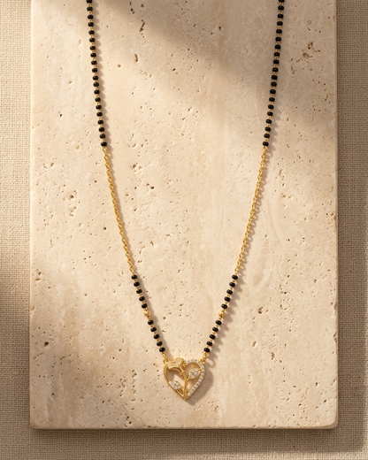 Elegant Heart Mangalsutra Necklace – Gold & Black Bead Chain with Diamond Heart Pendant | Modern Minimal Jewellery