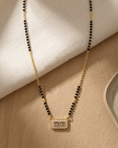 Elegant Rectangle Diamond Mangalsutra Necklace – Gold & Black Bead Chain with Minimal Bar Pendant | Modern Daily Wear Jewellery