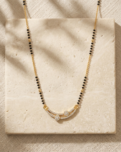 Elegant Curve Diamond Mangalsutra Necklace – Gold & Black Bead Chain with Dual Curve Pendant | Modern Minimal Jewellery