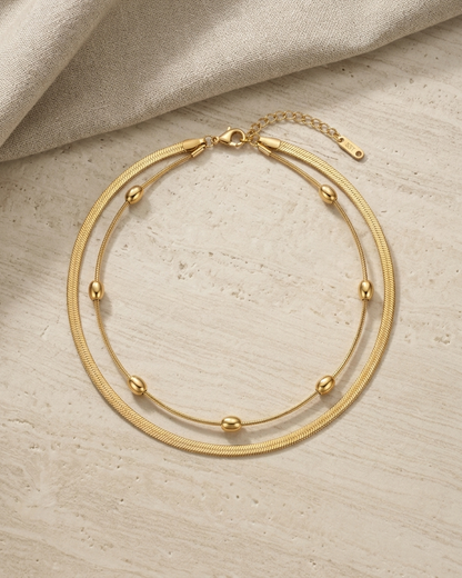 Gold Dual Chain Anklet – Beaded & Flat Chain Minimal Anklet for Women | Adjustable Elegant Foot Jewellery