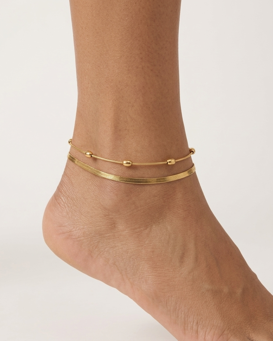 Gold Dual Chain Anklet – Beaded & Flat Chain Minimal Anklet for Women | Adjustable Elegant Foot Jewellery