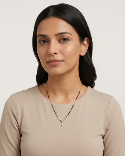 Elegant V-Shape Diamond Drop Mangalsutra Necklace – Gold & Black Bead Chain with Minimal Teardrop Pendant
