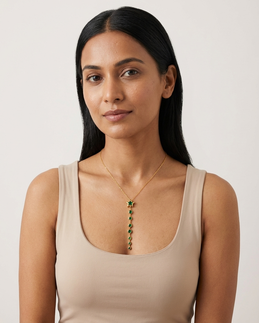 Emerald Star Drop Necklace – Gold Chain with Green Stone Cascade | Elegant Statement Jewellery