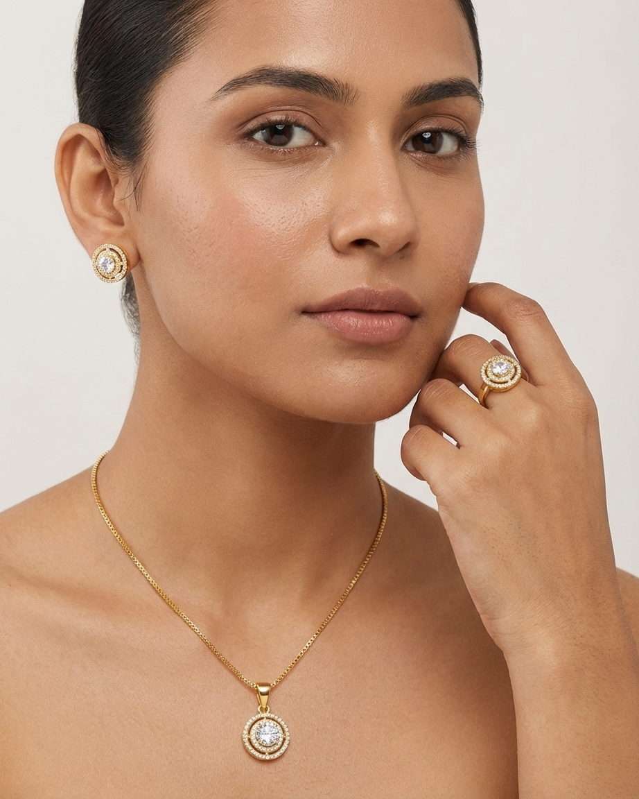 Gold Round Halo Jewellery Set – Diamond Style Pendant Necklace, Stud Earrings & Ring | Elegant Luxury Set
