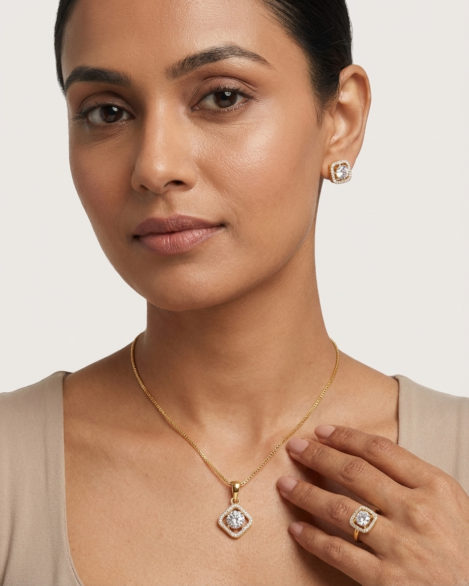 Luxury Diamond-Style Jewellery Set – Gold Pendant Necklace, Stud Earrings & Ring | Elegant Bridal & Party Set
