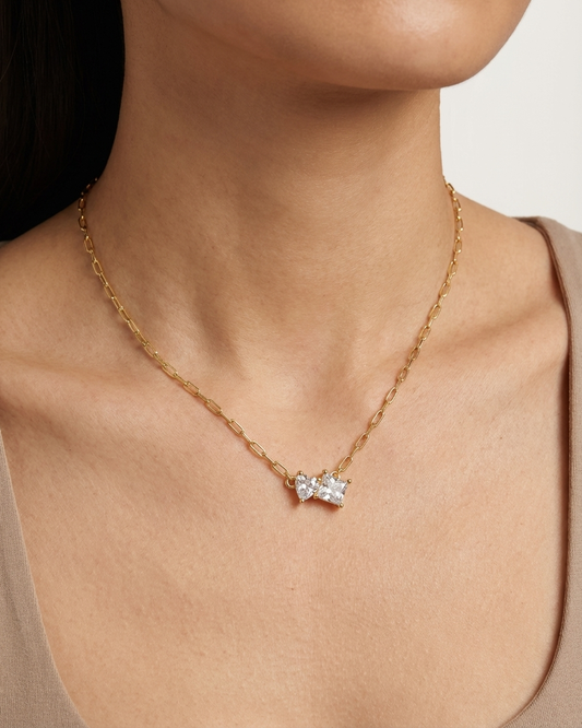 Elegant Dual Diamond Pendant Necklace – Heart & Square Cut Crystal Gold Chain | Minimal Everyday Jewellery