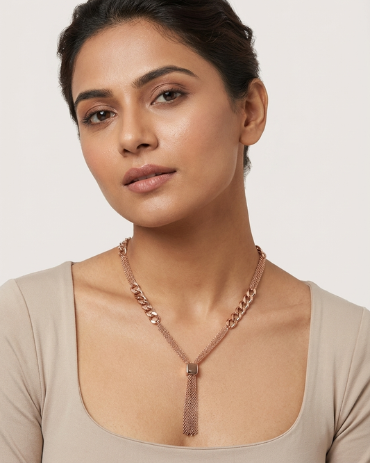 Rose Gold Tassel Necklace – Minimal Chain Link Pendant with Mesh Tassel | Elegant Modern Jewellery
