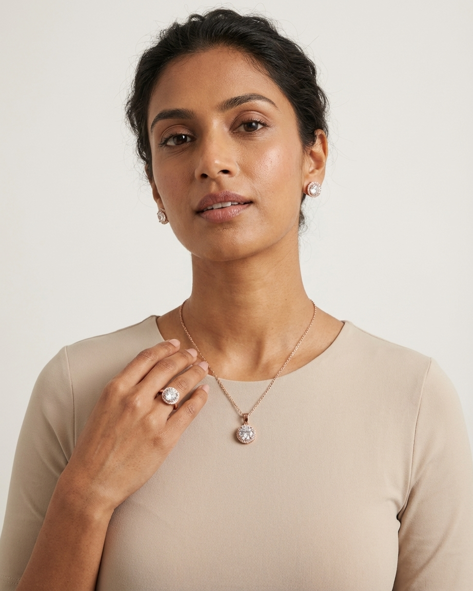 Elegant Rose Gold Halo Diamond Jewelry Set – Necklace, Ring & Stud Earrings