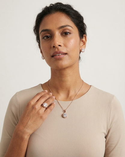 Elegant Rose Gold Halo Diamond Jewelry Set – Necklace, Ring & Stud Earrings