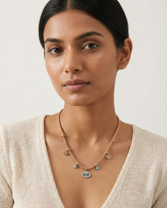 Evil Eye Protection Necklace – Gold Mesh Chain with Blue Charm & Eye Pendants | Boho Luxury Jewellery