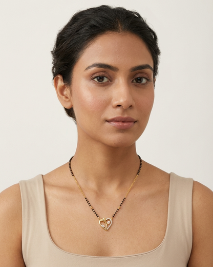 Elegant Heart Mangalsutra Necklace – Gold & Black Bead Chain with Diamond Heart Pendant | Modern Minimal Jewellery