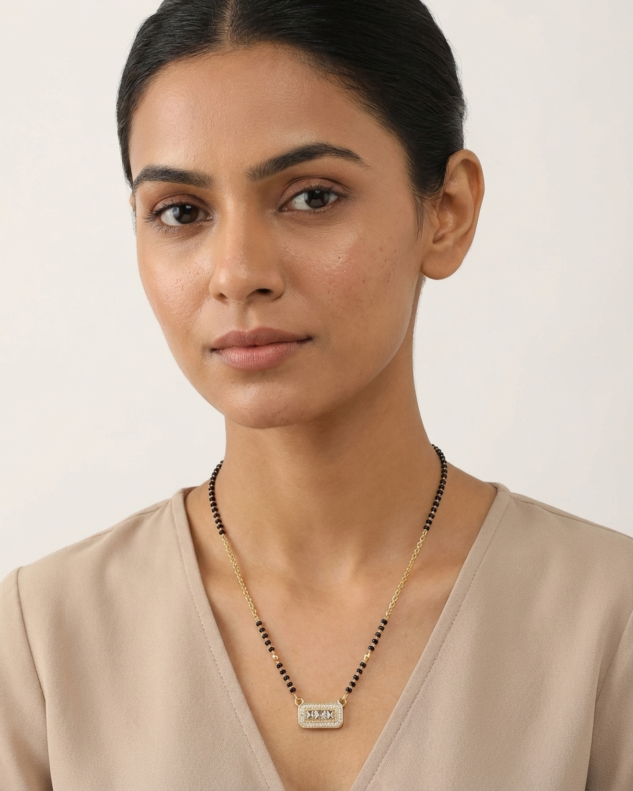 Elegant Rectangle Diamond Mangalsutra Necklace – Gold & Black Bead Chain with Minimal Bar Pendant | Modern Daily Wear Jewellery