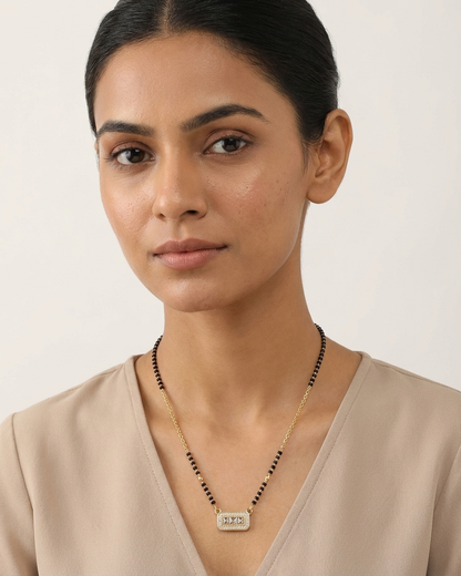 Elegant Rectangle Diamond Mangalsutra Necklace – Gold & Black Bead Chain with Minimal Bar Pendant | Modern Daily Wear Jewellery