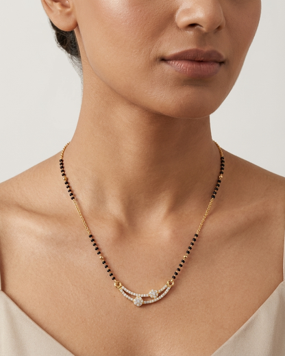 Elegant Curve Diamond Mangalsutra Necklace – Gold & Black Bead Chain with Dual Curve Pendant | Modern Minimal Jewellery