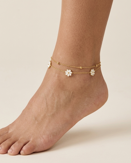 Gold Floral Dual Chain Anklet – Cute Daisy Charm Anklet for Women | Adjustable Minimal Foot Jewellery