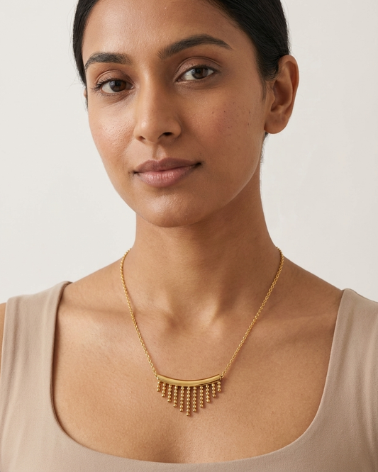 Elegant Gold Fringe Bar Necklace – Minimal Chain with Hanging Bead Tassels | Modern Statement Jewellery