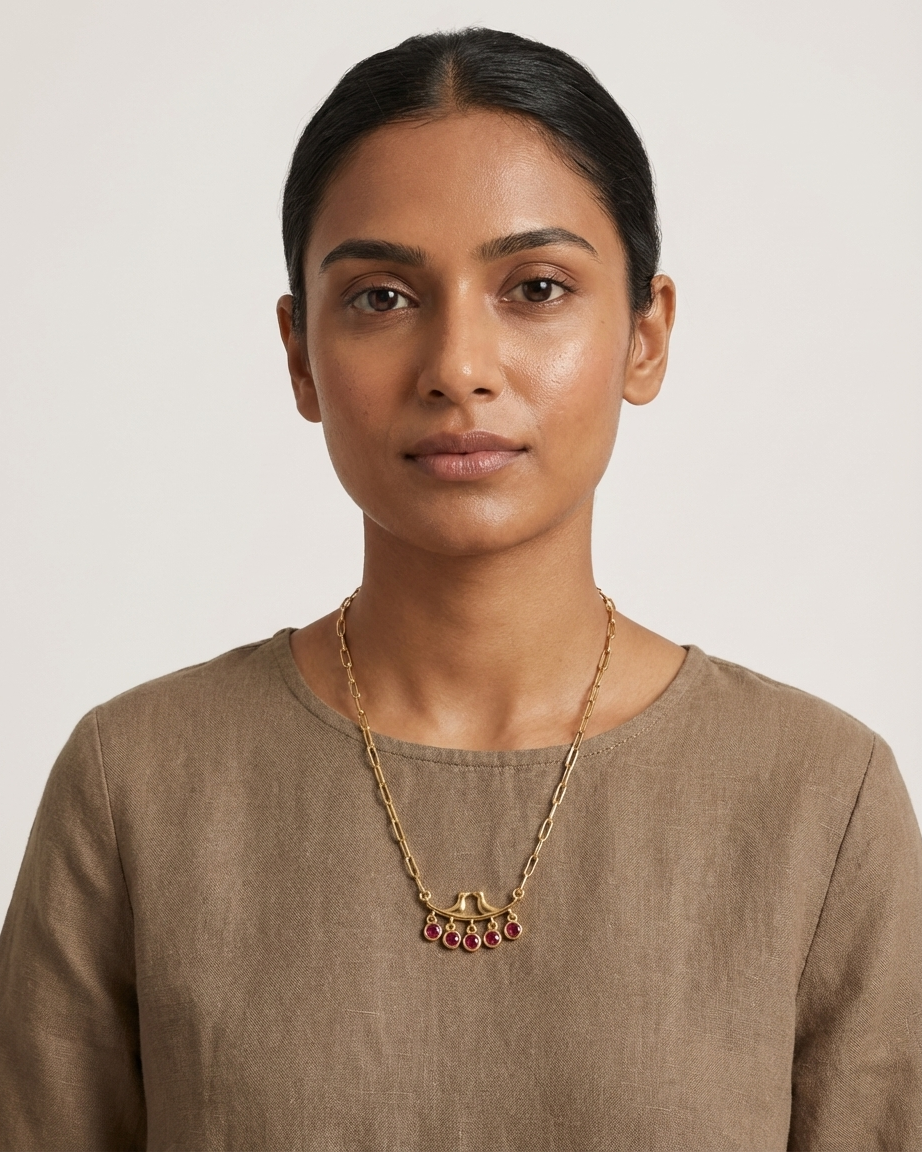 Elegant Bird Motif Ruby Drop Necklace – Gold Chain with Hanging Red Stone Charms | Minimal Statement Jewellery