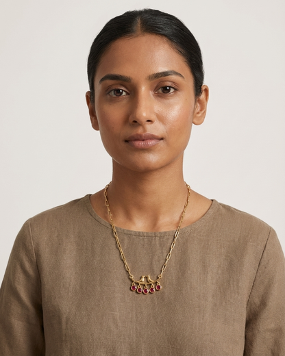 Elegant Bird Motif Ruby Drop Necklace – Gold Chain with Hanging Red Stone Charms | Minimal Statement Jewellery