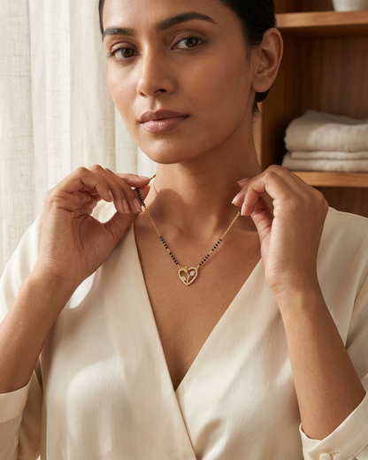 Elegant Heart Mangalsutra Necklace – Gold & Black Bead Chain with Diamond Heart Pendant | Modern Minimal Jewellery
