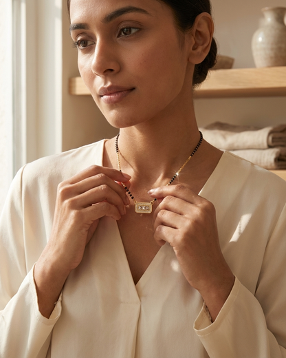 Elegant Rectangle Diamond Mangalsutra Necklace – Gold & Black Bead Chain with Minimal Bar Pendant | Modern Daily Wear Jewellery