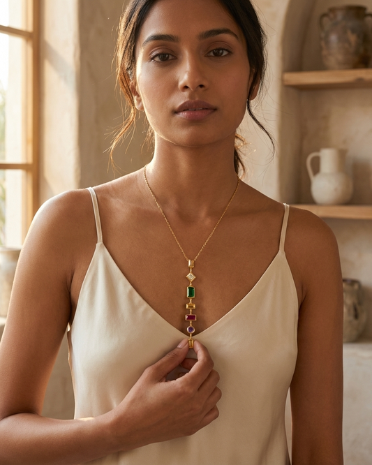 Elegant Multi-Gem Vertical Drop Necklace – Gold Chain with Emerald, Ruby & Crystal Stones | Minimal Statement Jewellery