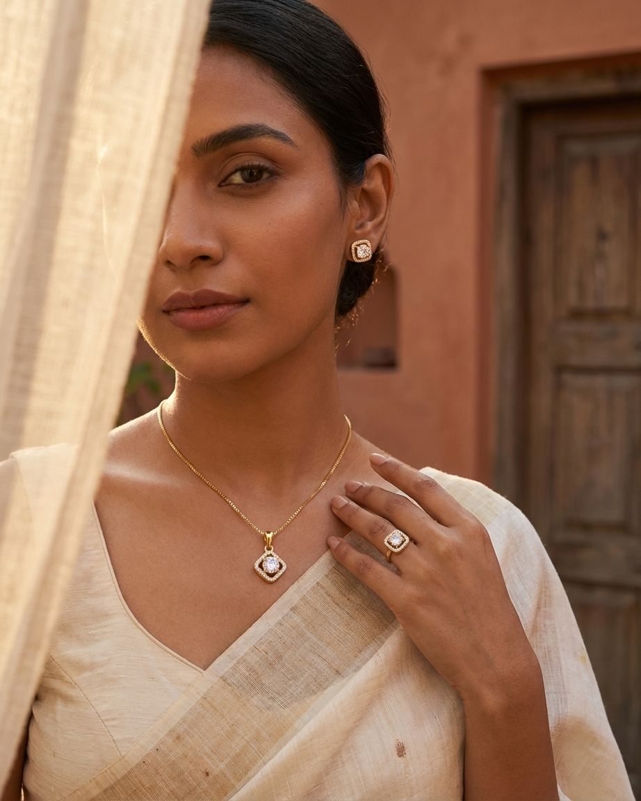 Luxury Diamond-Style Jewellery Set – Gold Pendant Necklace, Stud Earrings & Ring | Elegant Bridal & Party Set