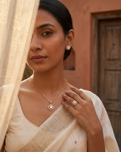 Luxury Diamond-Style Jewellery Set – Gold Pendant Necklace, Stud Earrings & Ring | Elegant Bridal & Party Set