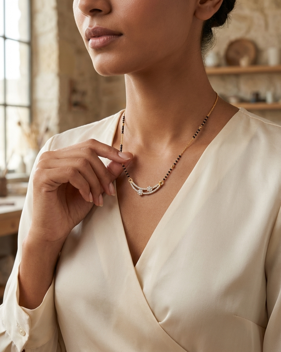 Elegant Curve Diamond Mangalsutra Necklace – Gold & Black Bead Chain with Dual Curve Pendant | Modern Minimal Jewellery