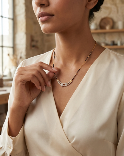 Elegant Curve Diamond Mangalsutra Necklace – Gold & Black Bead Chain with Dual Curve Pendant | Modern Minimal Jewellery