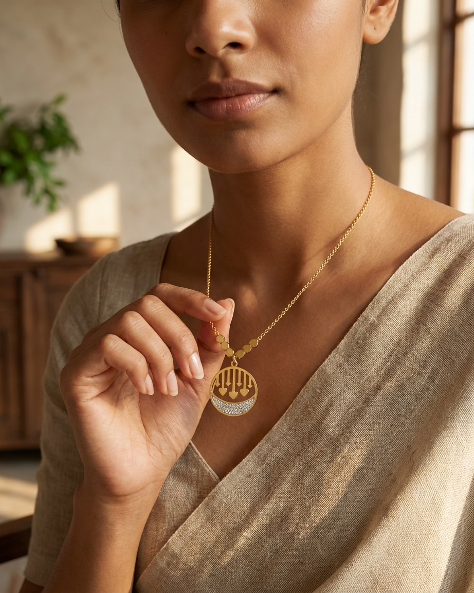 Golden Charm Circle Necklace – Heart Drop Pendant with Crystal Detail | Elegant Minimal Jewellery
